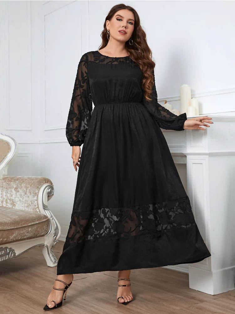 Slightly fat over-the-knee lace dress looks thin long-sleeved temperament plus size dress  party dresses