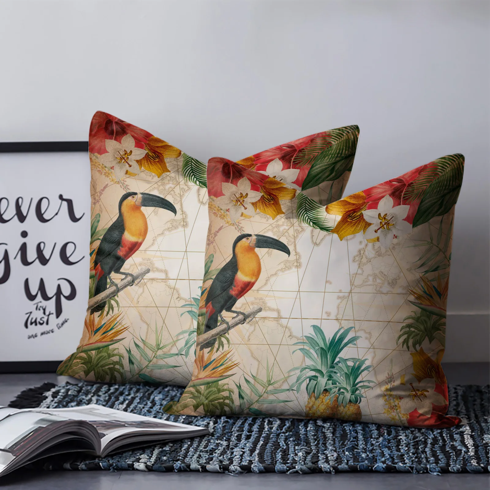 

Flower Toucan Fruit Retro 2 Pieces Pillowcase for Sofa Bedroom Cushion Cover for Gazebo Balcony Modern Home Pillow Decor