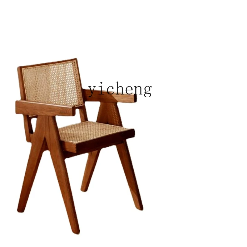 

XL Solid Wood Chair Vintage Designer Armrest Armchair Mid-Ancient Rattan