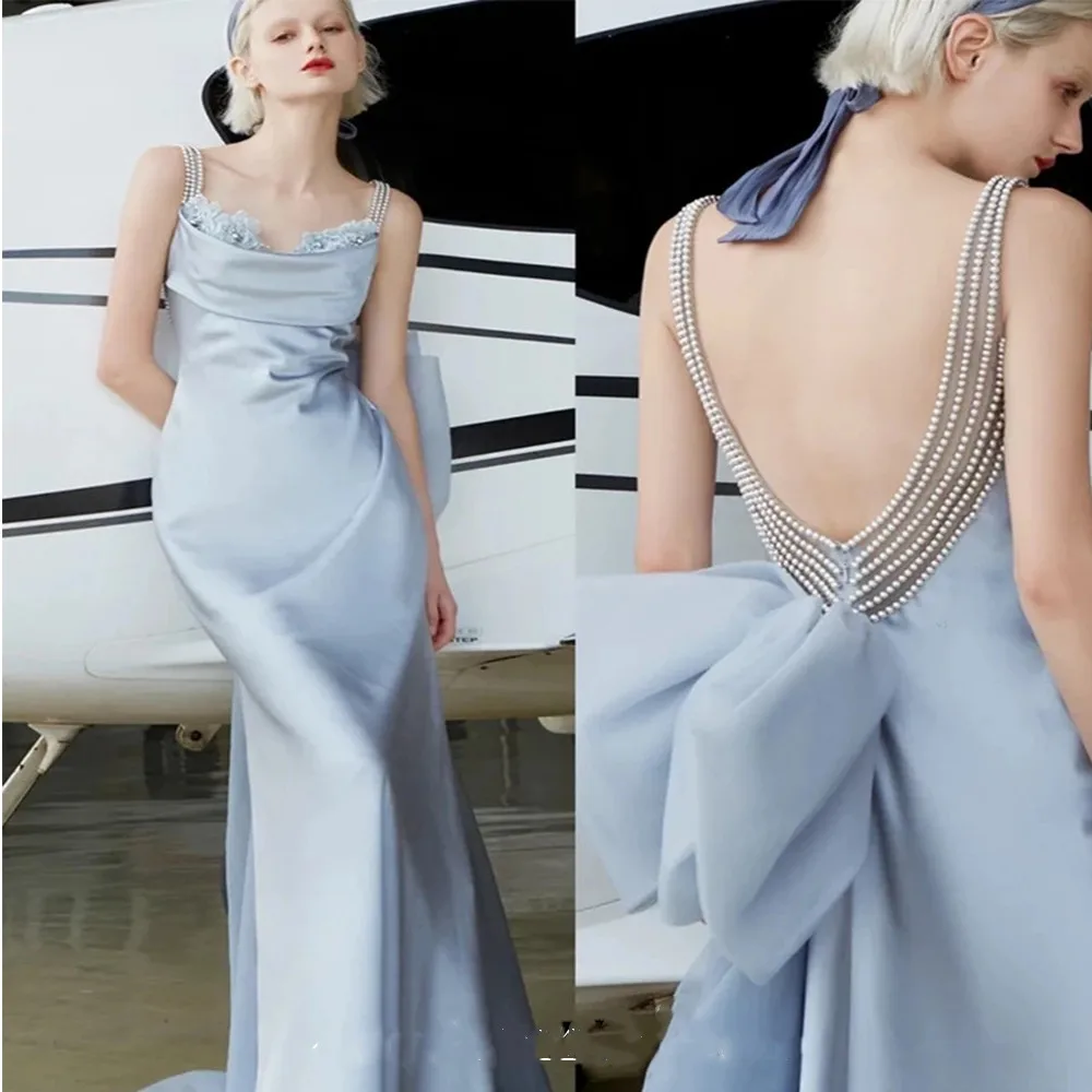 

Sky Blue Spaghetti Straps Prom Party Cocktail Dress Backless Beaded Large Bow Evening Gown Luxury Elegant Robe Robe De Soirée