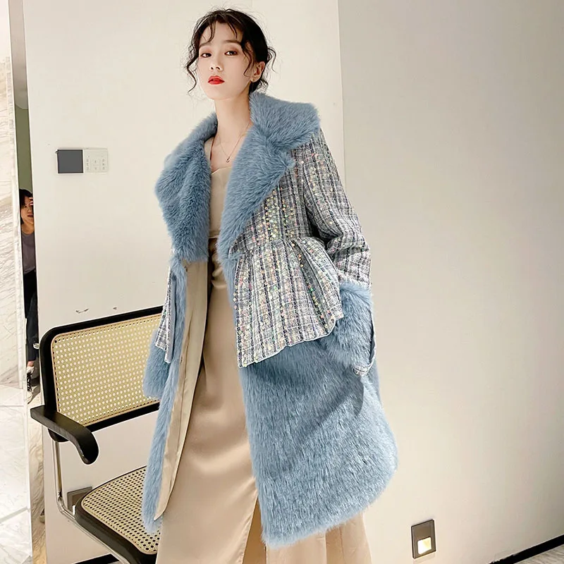 Faux Fur Coat Women 2022 Winter Patchwork Sequins Long Tweed Jackets Female Casual Elegant Loose Turn Down Collar Blue Outwear