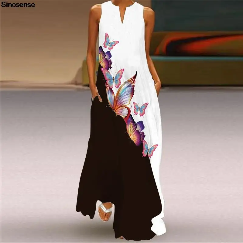 

Женское богемное платье-макси без рукавов, с принтом бабочек и V-образным вырезом