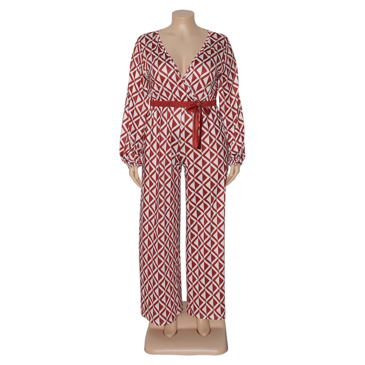 Plus Size Jumpsuits Printing V-Neck Long Sleeve Ankle-Length Plus Size Women Clothing Women's Elegant Party Jumpsuit Straight