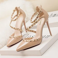 ladies rivets high heels stilettos shallow mouth pointed toe hollow one word belt sandals fashion sexy high heels banquet shoes