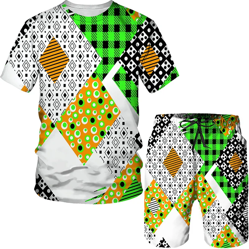 

Summer Trend Sports Suits Men T Shirts Grid Printing Shorts Tracksuit 2 Pieces Sets Street Fashion Man Clothing Comfort Suit