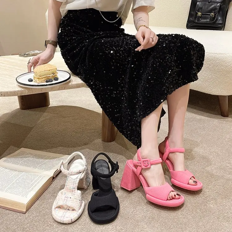 

Velvet Shoes Women Brief Pumps 2023 Summer High Heels Peep Toe Nude Sandals Ladies Sweet Latest Straps Beige Low Retro Casual Af