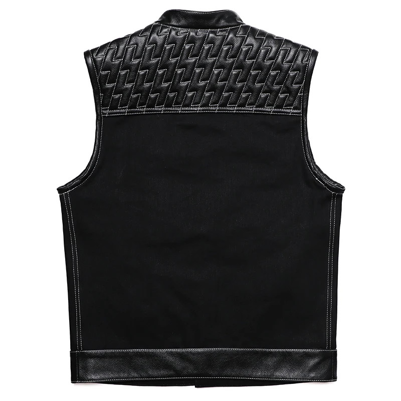 SOA Club Style Motorcycle Real Leather Vest Men Cowhide Denim Patchwork Waistcoat Sons of Anarchy Biker Vests DS MC Man Sleevele |