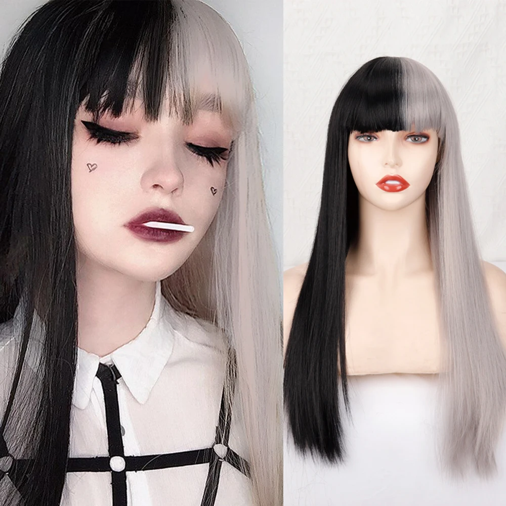 

Long Straight Wig Cosplay Black Gray Wig Symmetrical For Women Have Bangs Hair High Temperature Fiber Heat Resistant