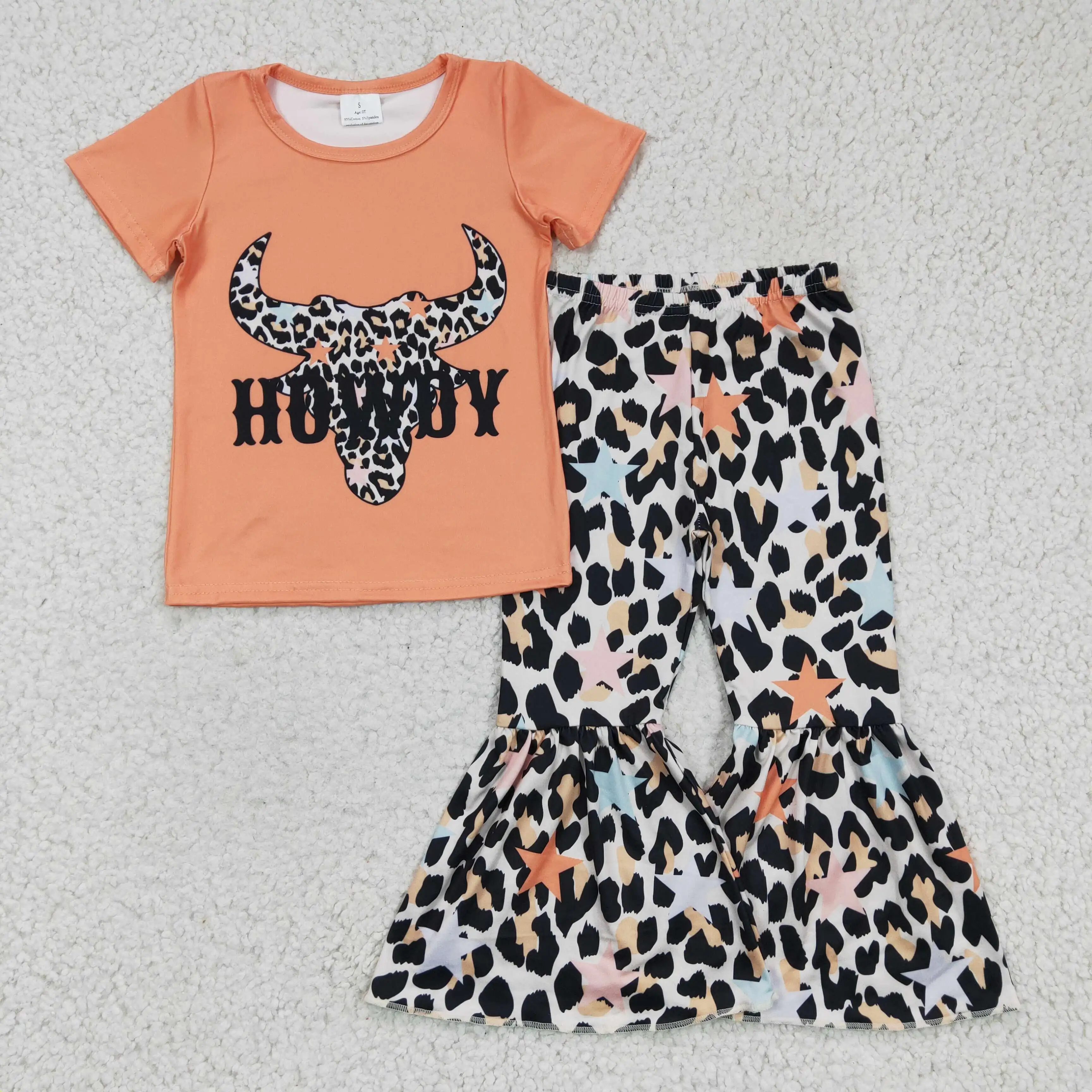 

boutique girl clothing cattle pattern orange short sleeve leopard print bell-bottoms high quality 2 pcs children clothing sets