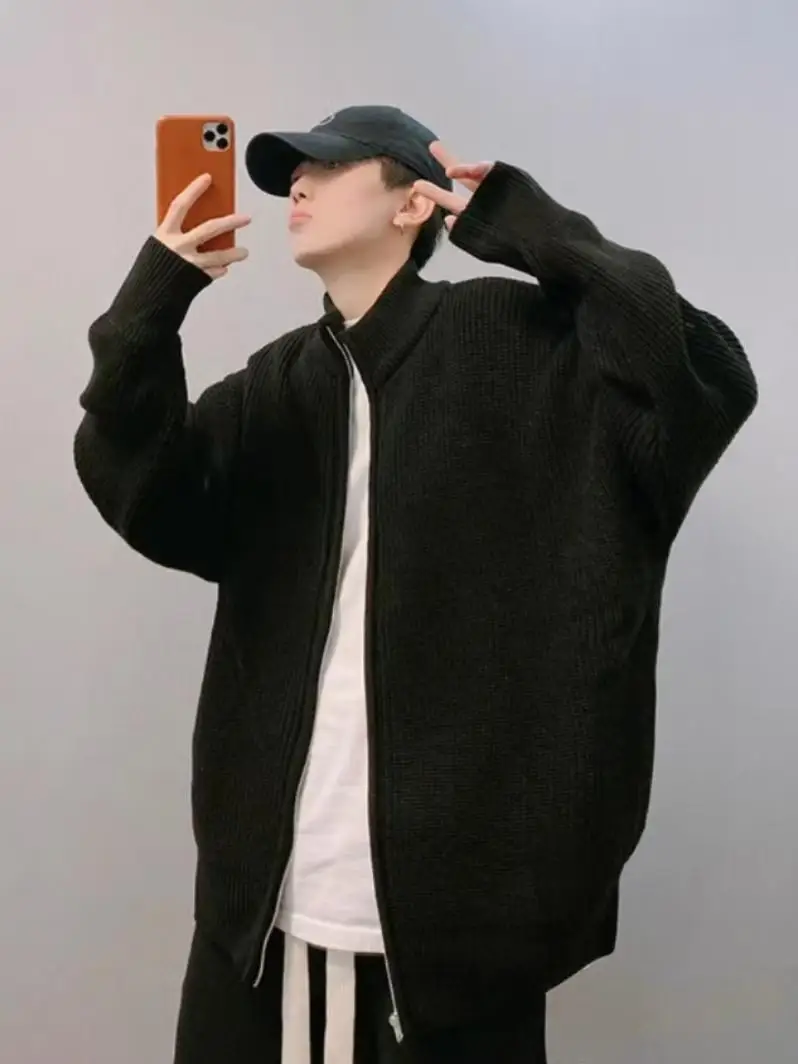 Gray Zip-up Cardigan sweater Outerwear Men's Autumn and Winter Trendy Loose Lazy Ruffle Handsome Stand Collar Sweater J...