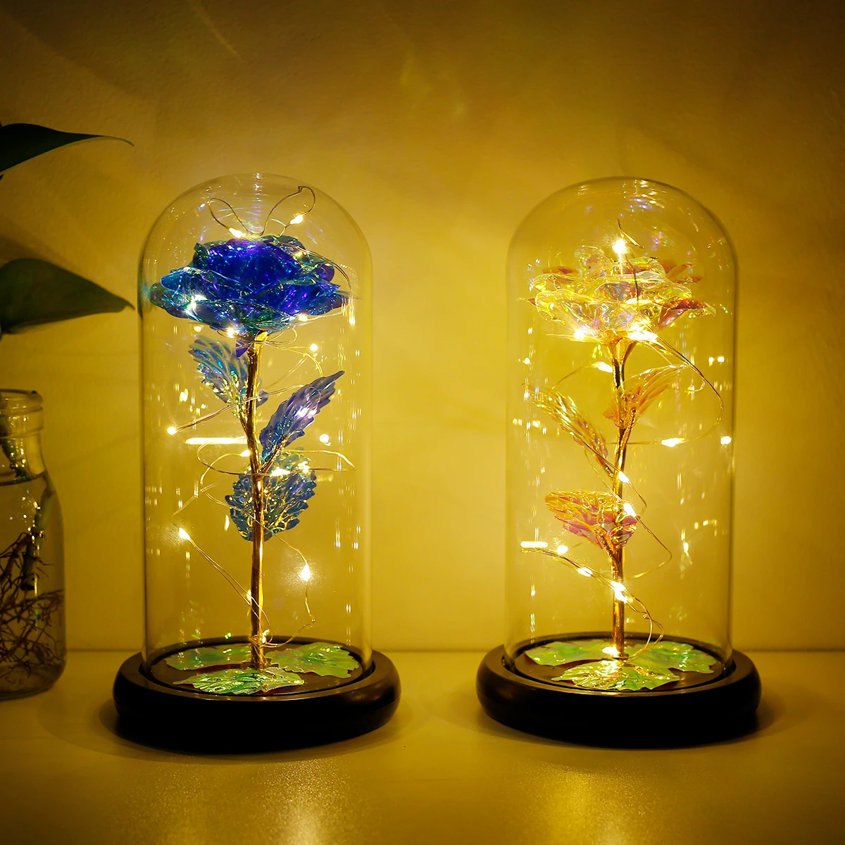 Eternal Flower Rose Lamp Three Leaf Dome Glass Cover Rose Lamp with Led Lamp String Valentine's Day Mother's Day Gift