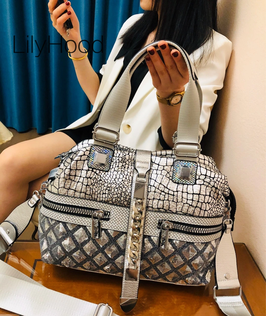 Women Vegan Leather Iridescent Paillette Quilted Alligator Bag Fashion Designer Big Capacity Diamond Chain Hobo Shoulder Bag
