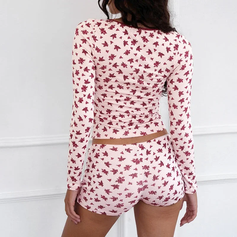 Y2k Женский комплект из 2 предметов Kawaii Cottage Lounge Sleepwear Футболка в рубчик с цветочным
