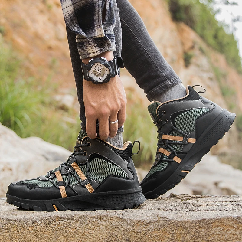 HIKEUP High-Top Mountaineering Hiking Men's Shoes Outdoor Sneaker Cushioned Rubber Sole Comfortable Breathable Suede Leather