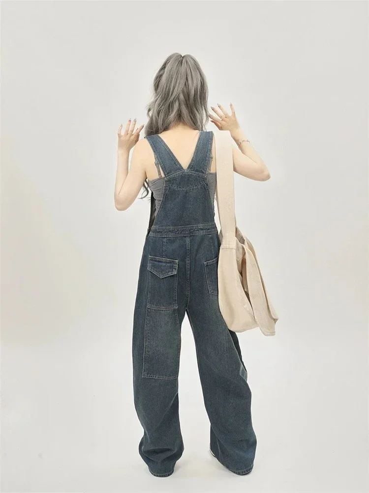 Women's Casual Blue Overalls Fashion Wide Leg Girl Suspender Jumpsuits Pants Female Streetwear Rompers Straight Denim Trouser