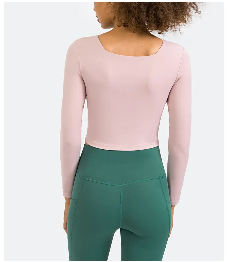 Yoga Sport Fitness Womens Clothing Gym Shirts Women's Long Sleeve Top Sportswear Outdoor Jogging Leisure Crop Top with Chest Pad