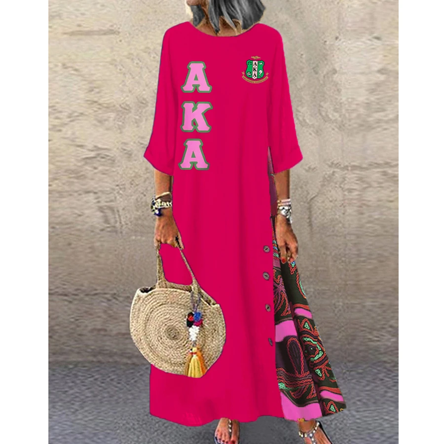 

Alpha Kappa Alpha dress Retro print floral round neck contrast button stitching three-quarter sleeve