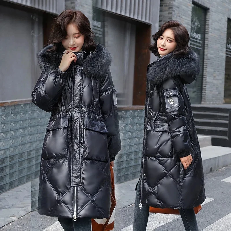 Down Jacket Women 2022 Winter New Fashion Real Raccoon Fur Collar White Duck Down Coat Female Casual Long Slim Hooded Parkas
