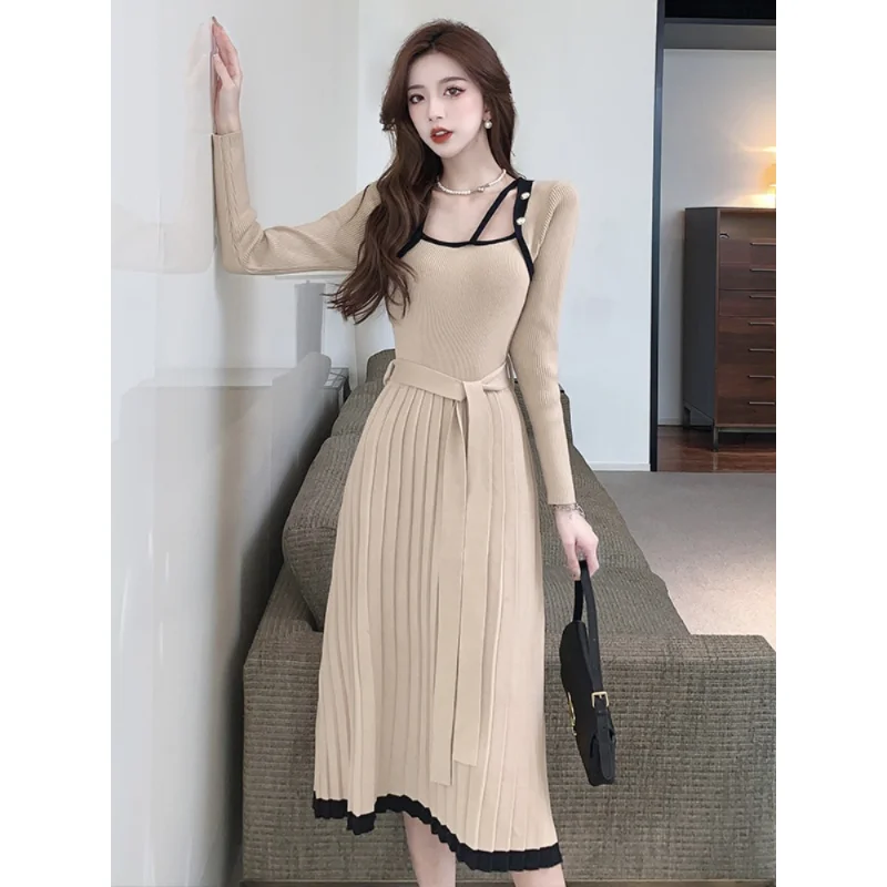 

Pleated Long Sleeve Party Sweet Fashion Sexy Maxi Robe England Style Belt Casual Y2K Vintage Korean Girl Festa Clothing Dresses