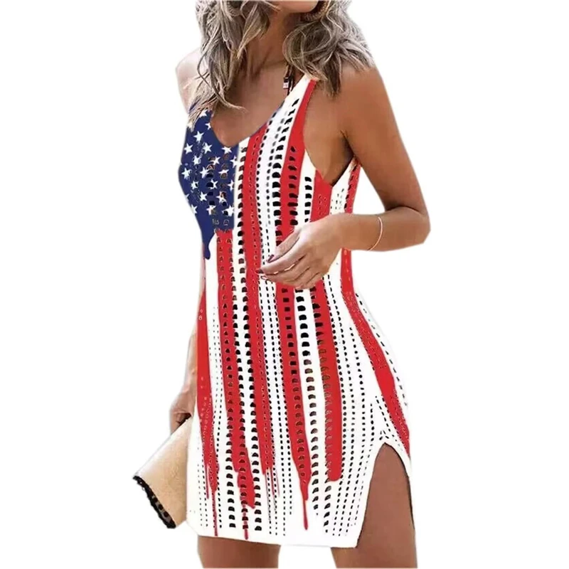 

Women 4th of July Beach Dress Sleeveless Hollow Out Crochet Cover Up Independence Day Swimming Clothes Swimwear Swimsuit Coverup