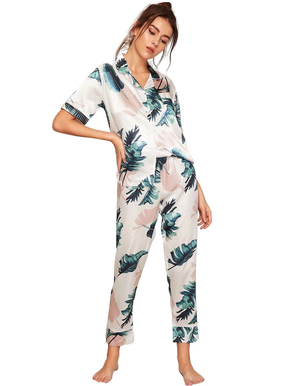 Women Soft Print Pajamas Korean PJ Short Sleeves Pijama Button-Down Summer Sleepwear Set Ladies Bedgown Nighties for Women