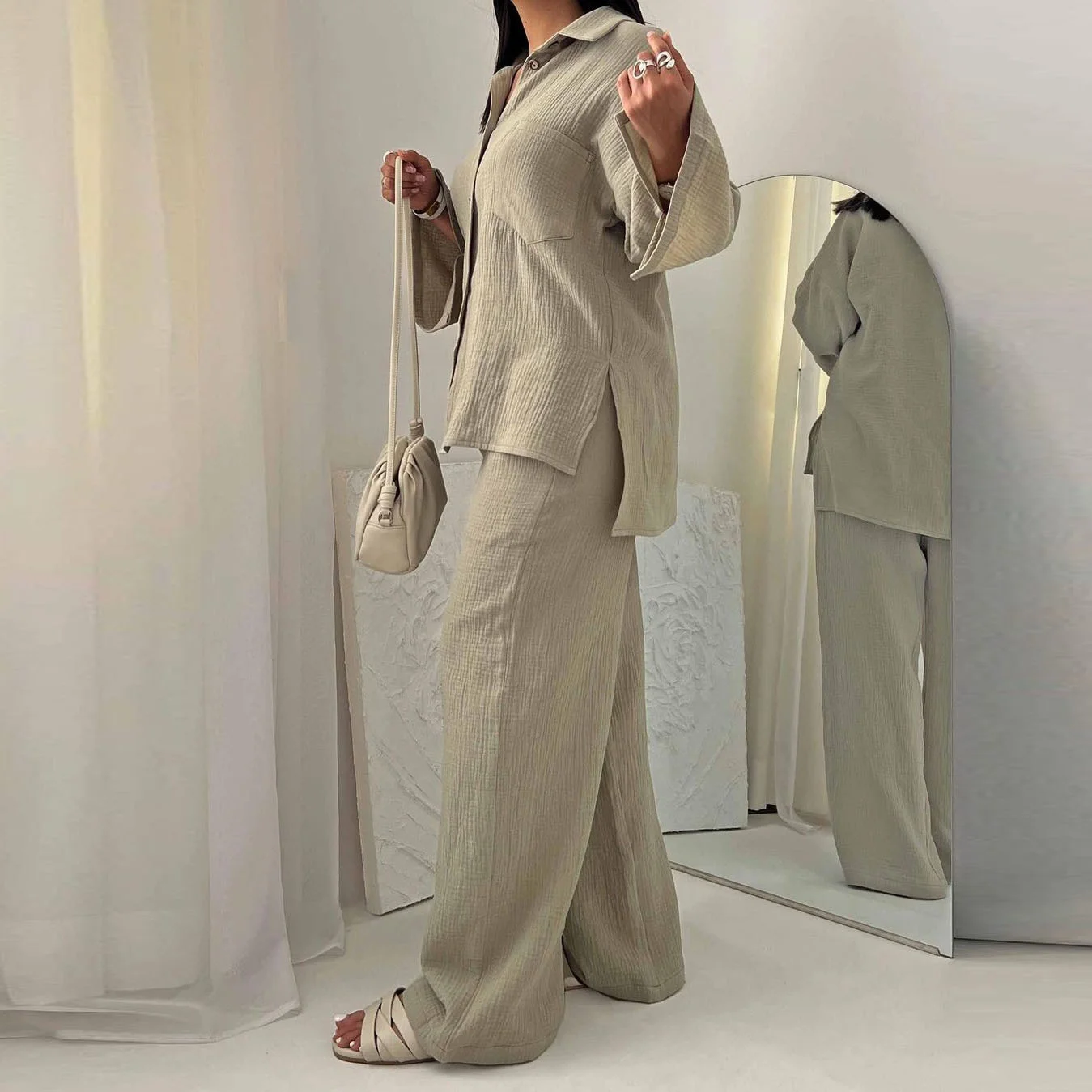 

2023Casual slim suit, New Women's Fashion Wrinkle Large Sleeve Shirt High Waist Wide Leg Trouser Set