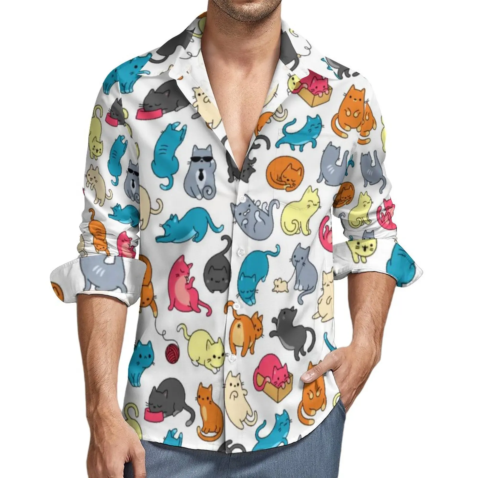 

Cartoon Meme Casual Shirts Man Cute Doodle Cats Shirt Long Sleeve Novelty Funny Blouses Autumn Graphic Clothing 3XL 4XL