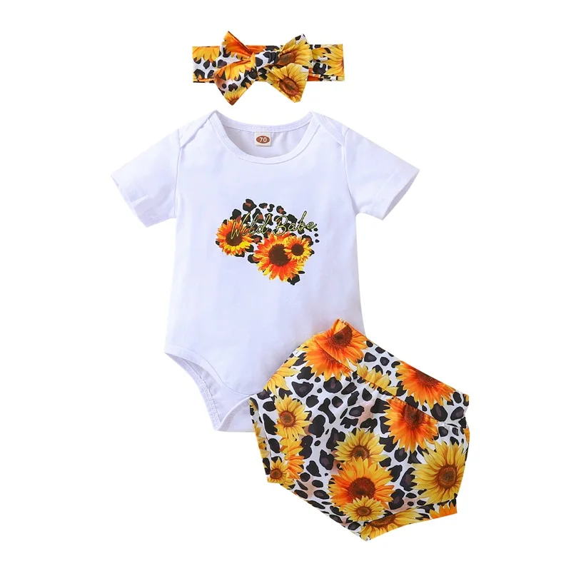 

Baby Girl’s Tops and Shorts Set Cartoon Short Sleeve Romper and Sunflower Short Pants with Headband