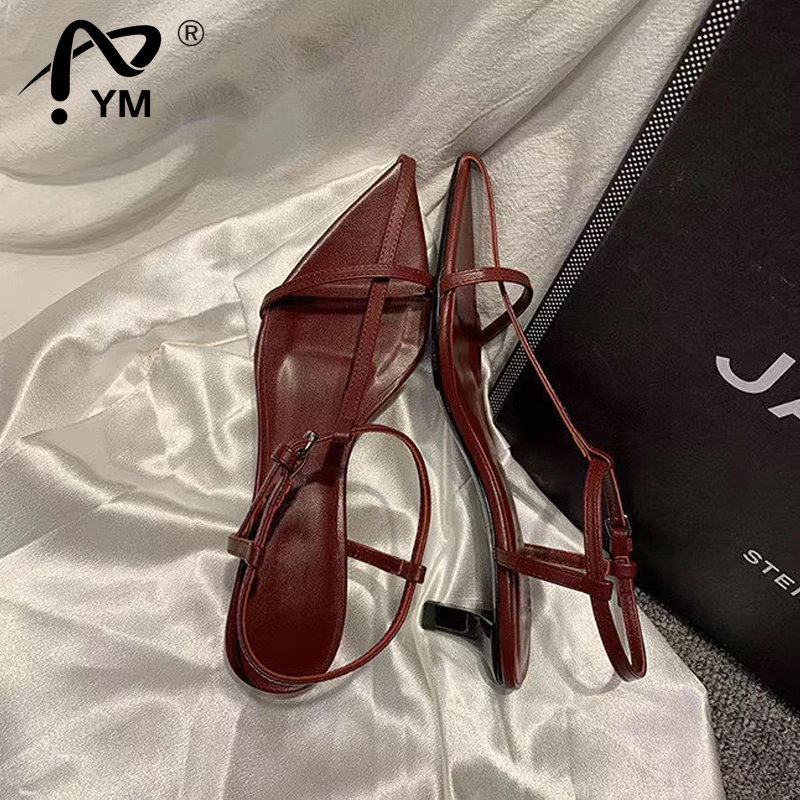

New Women Fashion Sandals Thin Low Heels Pointed Open Toe Ankle Strap Dress Shoes Solid Color Summer Ladies Thin Low Heels Sanda
