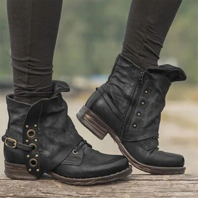 

New Women's Martin Boots Fashion Buckle Studded Chunky Heel Ankle Boots Vintage Boho Solid Side Zip Loafers Botines Mujer Verano