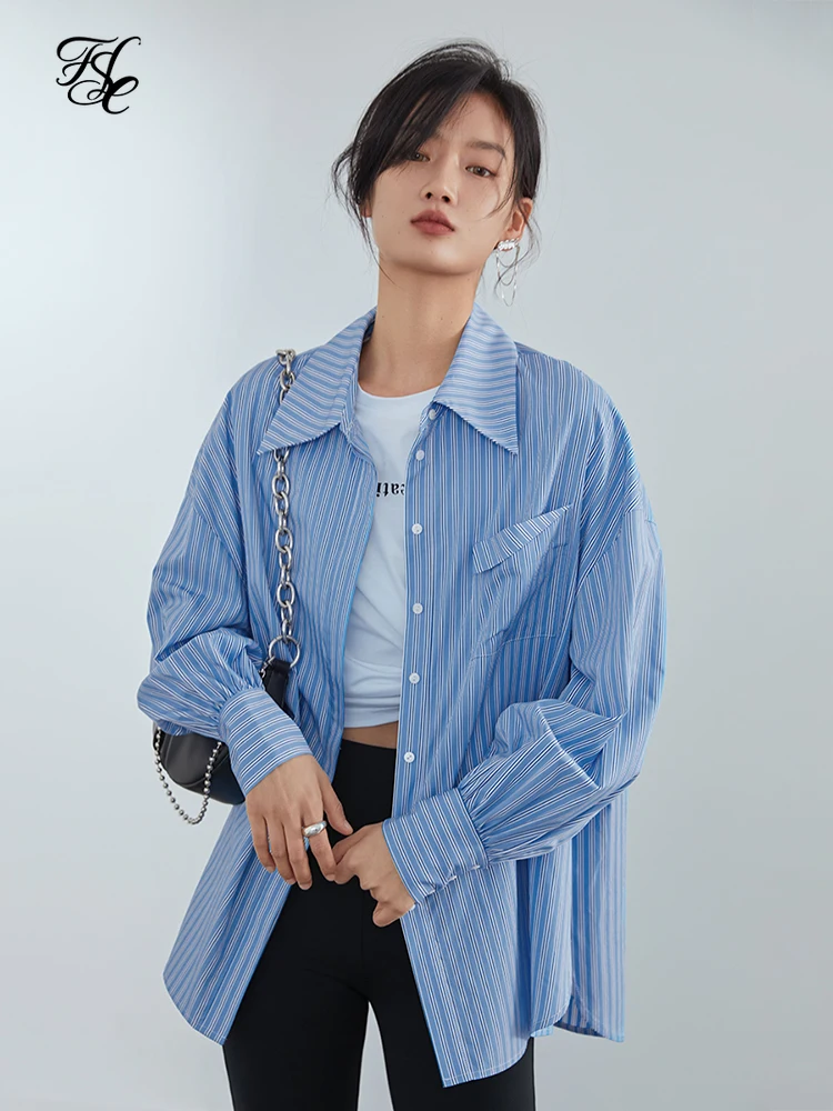

FSLE Oversized Blue Striped Casual Blouse Shirt Women Streetwear Elegant Button Up Shirt Female Long Sleeve Spring Top
