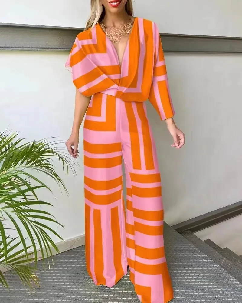 

Sexy Long Sleeved Jumpsuit, Women's V-neck, Striped Printed Casual And Fashionable Office Wear, 2023 Women's Long Leg Jumpsuit