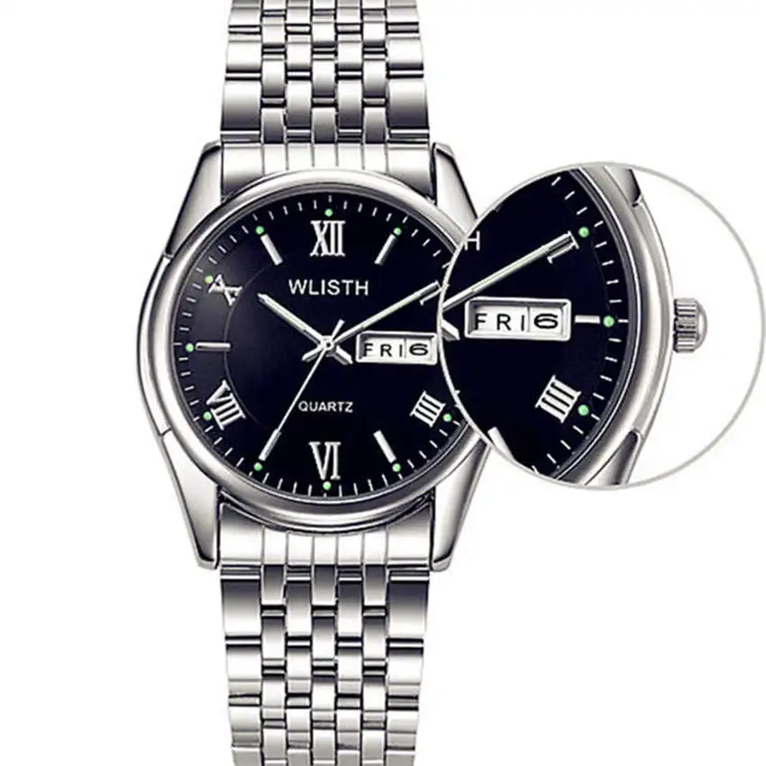 

WLISTH Men Watch Watchband Stainless Cteel Wrist watch Male fashion Quartz Clock Waterproof Calendar Black Brands Hour FD1343