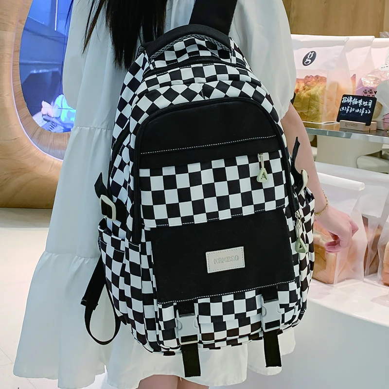 Cute Women's Nylon Backpack for Teenagers Girls Plaid School Bag Female Student Travel Rucksack Large Capacity Student Bookbag