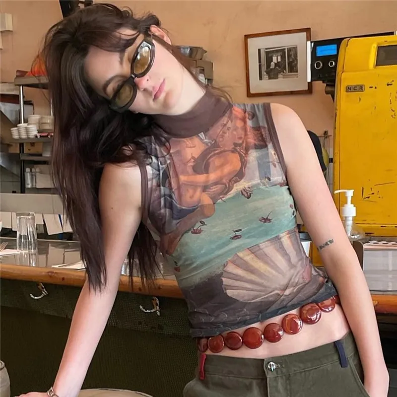 NEONBABIPINK Ретро абстрактный принт прозрачные сетчатые топы винтажная одежда эпохи