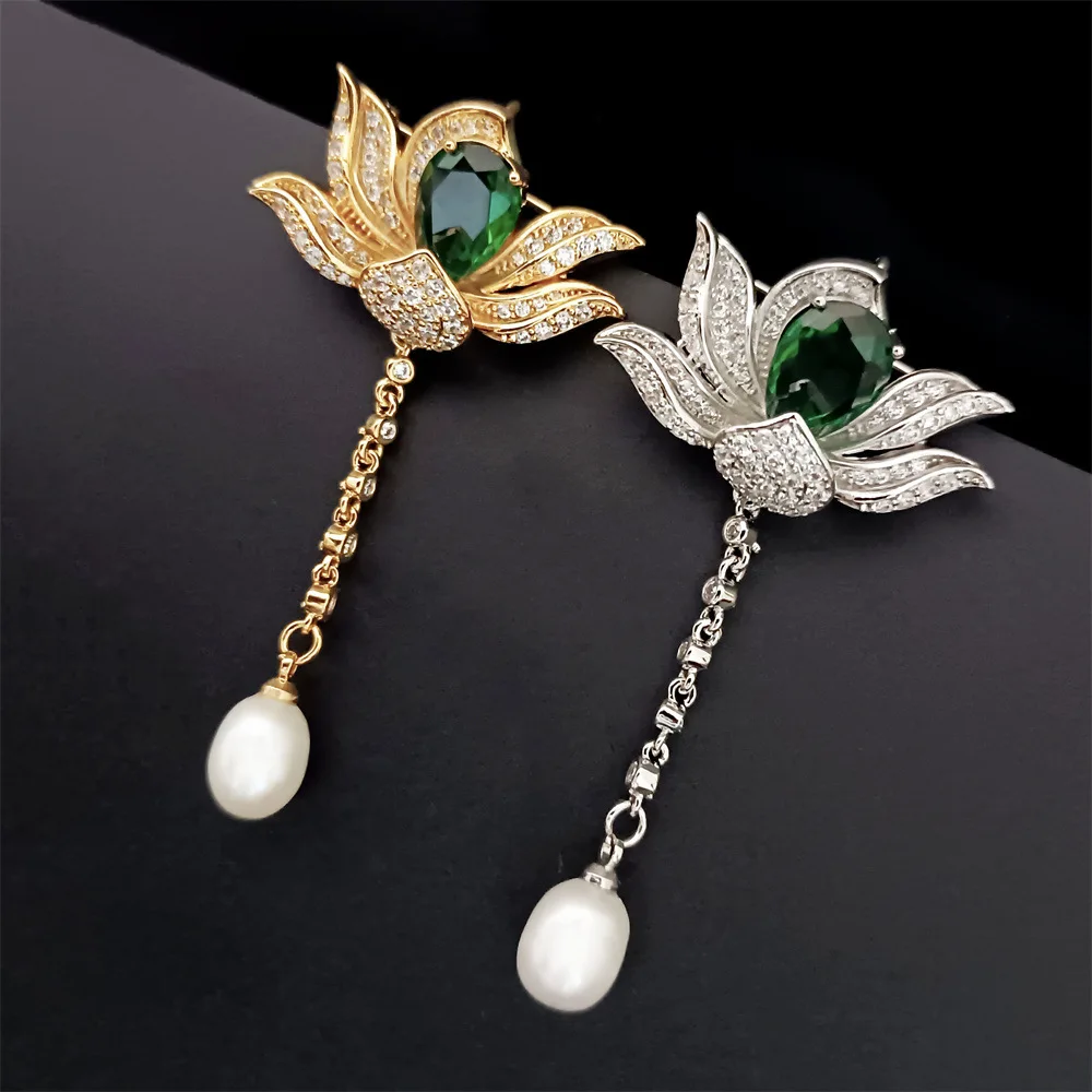 

Exquisite Retro Freshwater Pearl Pendant Brooches Zircon Lotus Brooch Pin for Women Elegant High-grade Emerald Female Corsage