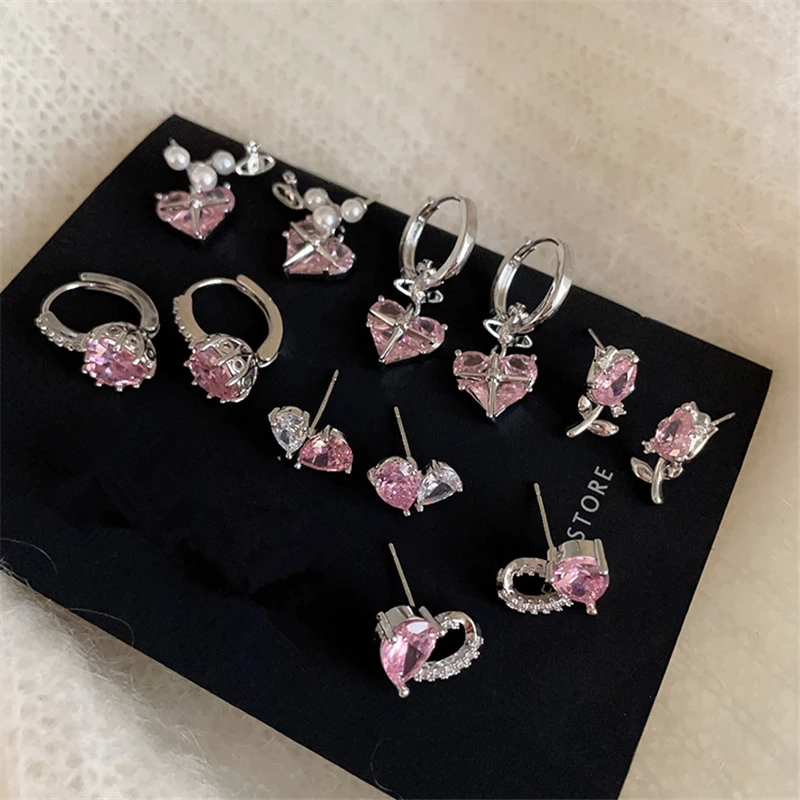 

Korean Fashion Vintage Goth Harajuku Pink Zircon Heart Flower Stud Earrings For Women Wedding Aesthetic Y2K Jewelry Accessories