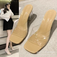 2022 summer pvc women sandals crystal square toed sexy open toe high heels mules women transparent heel sandals slippers pumps