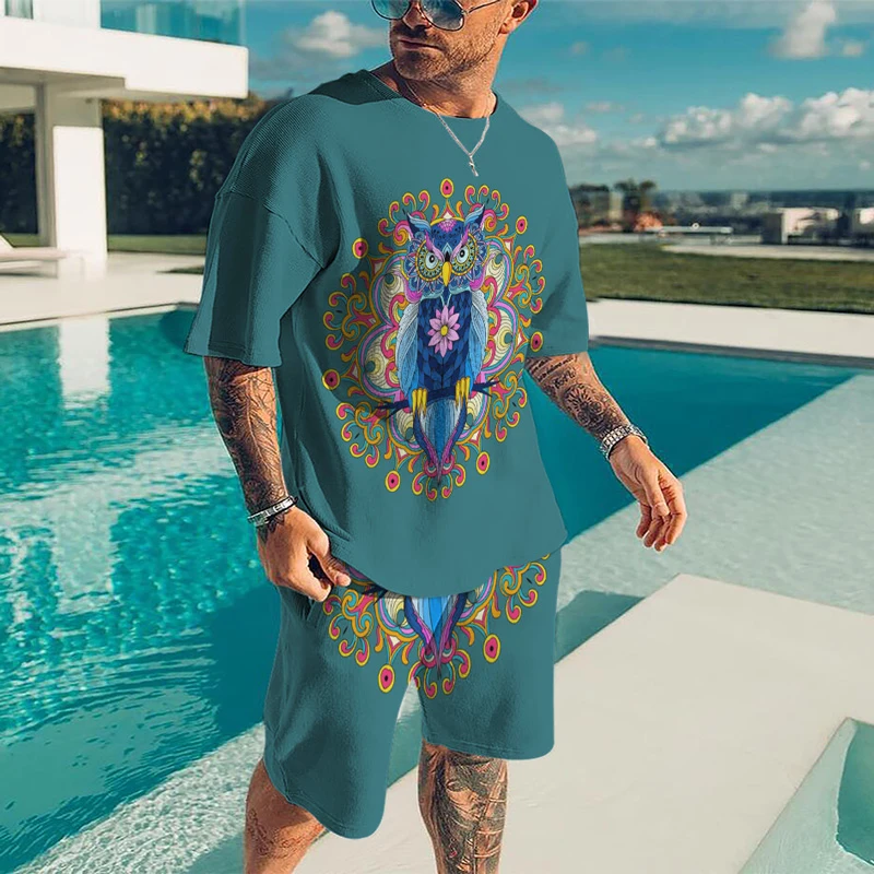 2023 Summer Tracksuit Short Sleeve Fashion Clothing For Men 3D Printed Set Casual T-shirt Top O-neck Owl Pattern Oversized