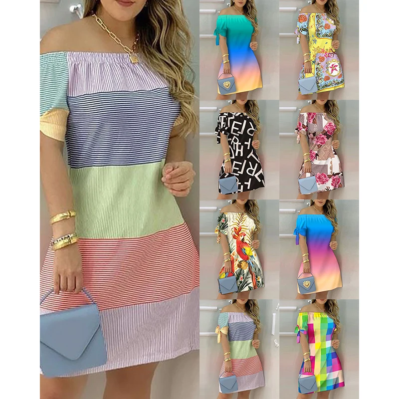 

Women Off Shoulder Mini Dress Summer Sexy Short Sleeve Bow Tie Striped Floral Print Dresses Fashion Casual Loose Dress Vestidos
