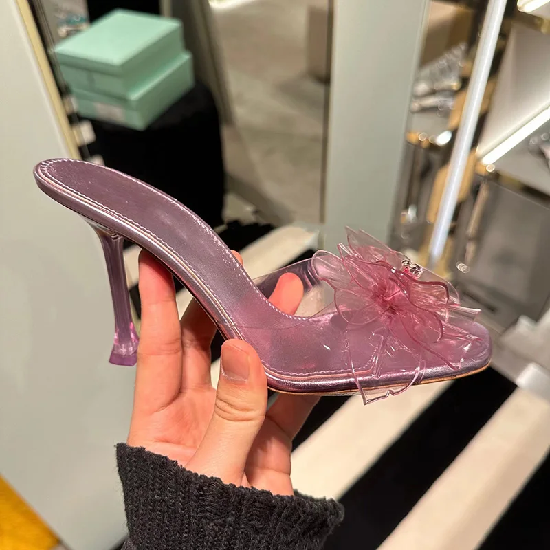 Сандалии женские с открытым носком, ПВХ, шлепанцы с цветами и кристаллами, тонкий каблук, однотонные Розовые босоножки с ремешком на пятке, на лето