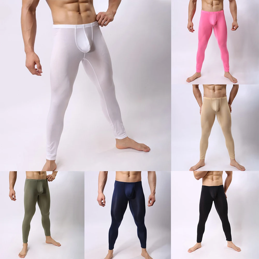 Mens Long Johns Underwear Soft Ice Silk Elastic Sports Legging Pants Trousers Warm Leggings Base Layer Bottoms New