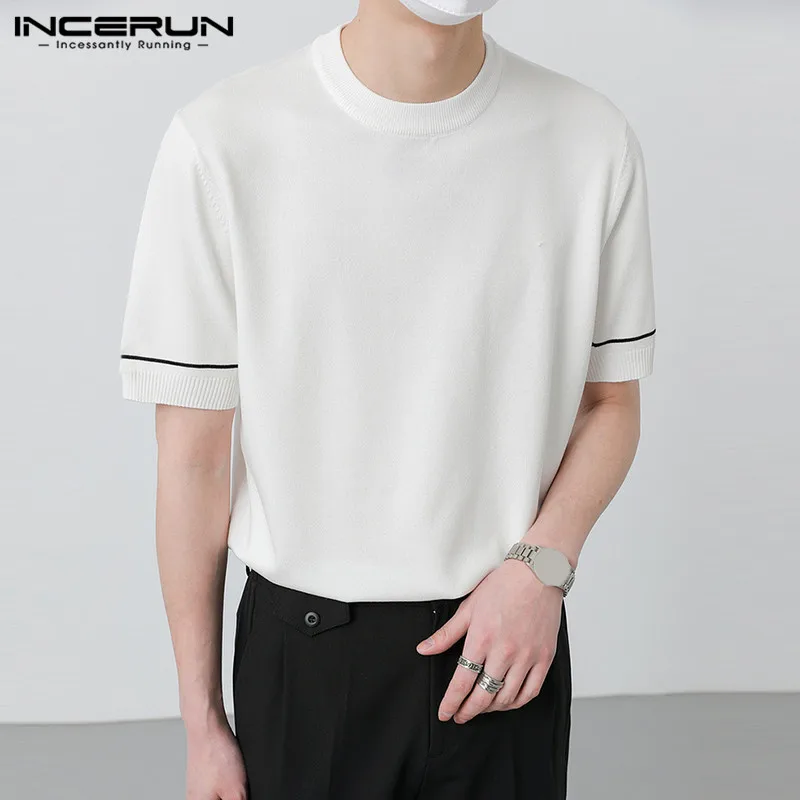 

Stylish Hot Sale Tops INCERUN Men's Knitted Spliced Line T-shirts Casual Streetwear Solid All-match Short Sleeve Camiseta S-5XL