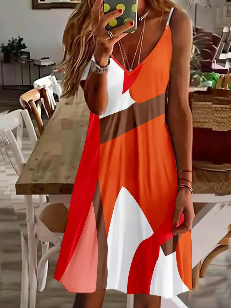 

Women Summer Going Out Daily Vacation Spaghetti Strap Sleevelss Casual Loose Dress Fashion Colorblock V-Neck Casual Cami Dress