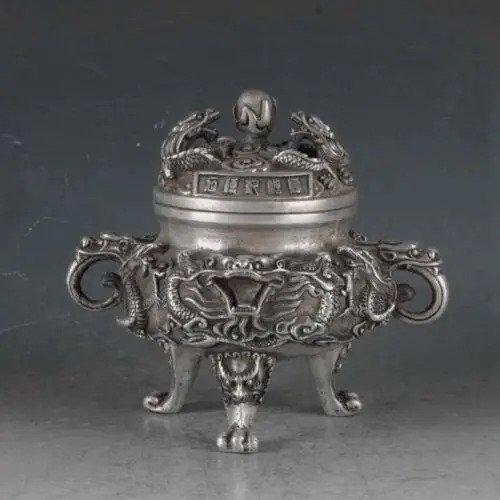 

Chinese Old Tibet silver hand carved Dragon Incense Burner w Qianlong