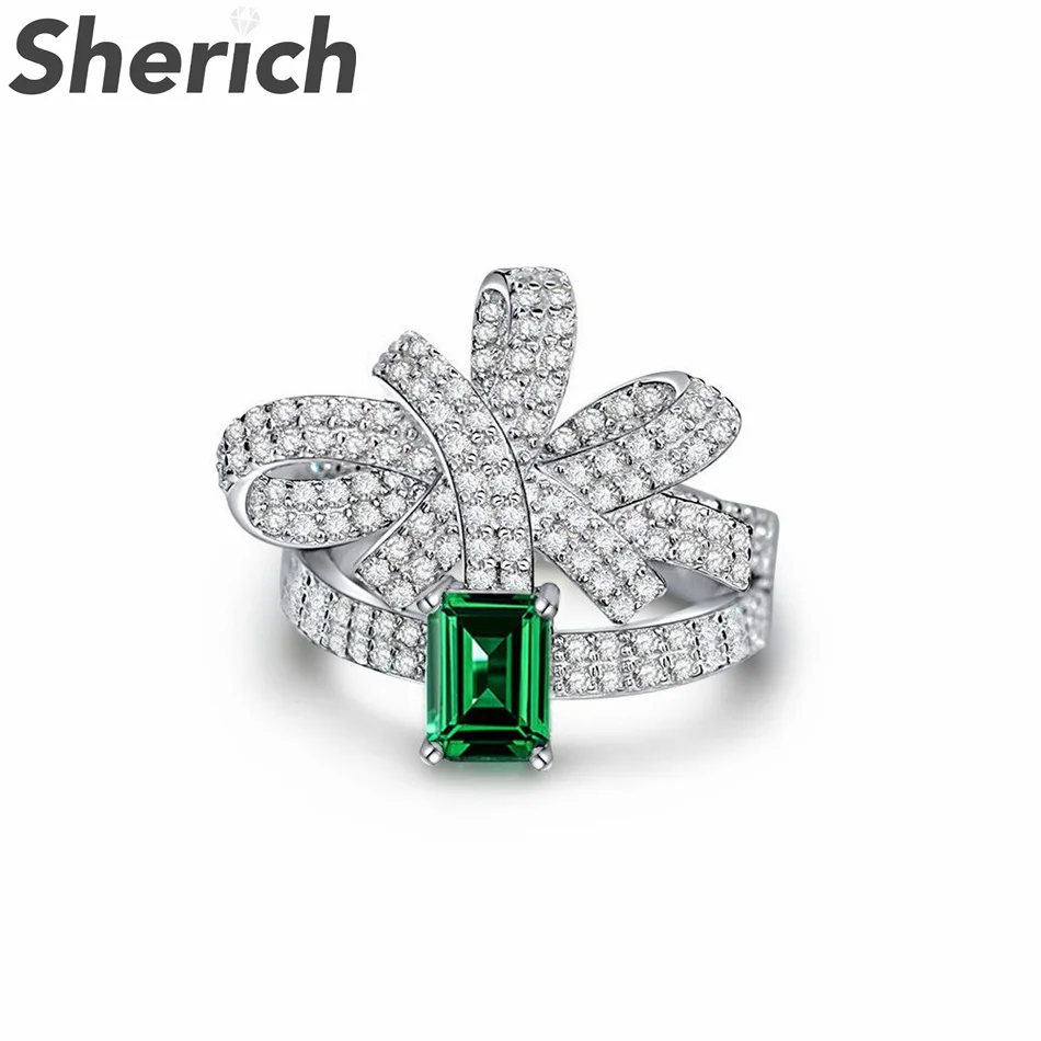 

Sherich Rectangle Emerald High Carbon Diamond 100% 925 Sterling Silver Personality Design Bow Ring Women's Fine Brand Jewelry