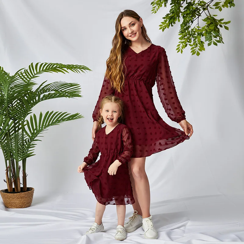

Mommy and Daughter Fashion Parent-Child Dresses Summer Chiffon Long Sleeve V Neck Cute Mini Tunic Holiday Dress Mother Kids