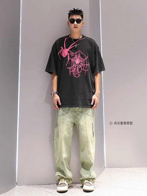 Мужская хлопковая футболка с коротким рукавом принтом в виде паука и граффити