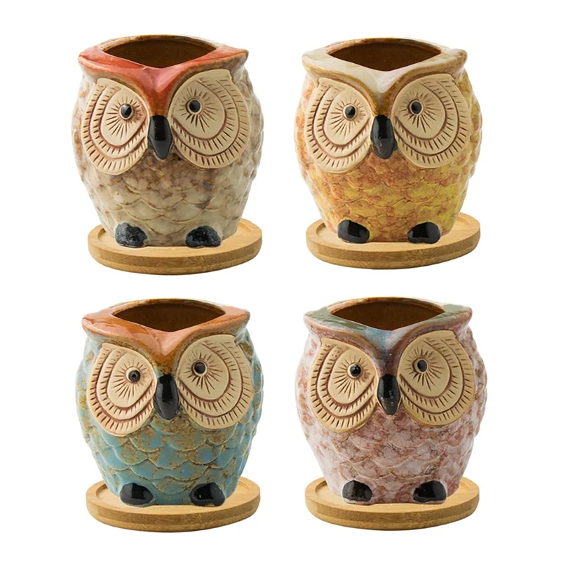 

4PCS Succulent Pots, 3.5Inch Owl Planter Owl Pot, Small Pots For Plants Cute Plant Pots With Bamboo Tray For Home Decor