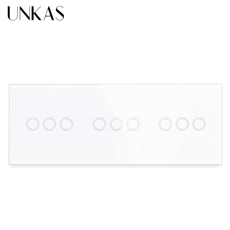 

UNKAS 9 Gang 1 Way EU Standard Olny Touch On/Off Function Light Button Switch 228mm Crystal Class Panel 300W 3 * 3 Gnag Outlet